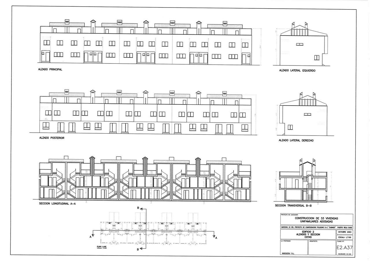 Plano edificio 2 alzados y seccion cotas